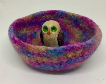 Rainbow colored felted wool bowl