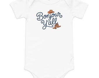 Body per neonati 100% cotone: Stampa con cappello e stivali da cowboy "Bonjour Y'all".