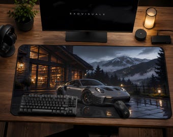 Porsche 911 992 GT3 RS Mountain Cabin Desk Mat, 32x16 Extended Mouse Pad, Luxury Car Gaming Setup, Moody Alpine Car Lover Gift