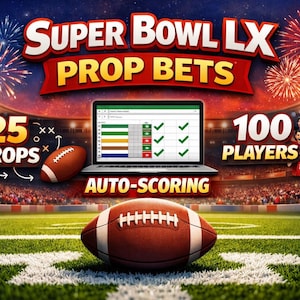 May include: A digital illustration promoting Super Bowl LX prop bets. The image features a football field with a football, a laptop displaying a betting interface, and text indicating "25 PROPS" and "100 PLAYERS". Fireworks and a stadium crowd are in the background.