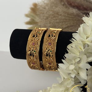 Floral Gold-Tone Indian Kadas | Ruby and Emerald Bangles (Size 2-6)