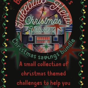 May include: A black rectangular graphic featuring a string of red, yellow, and green Christmas lights along the border. The centre displays a jukebox illustration with the text Black country bird's Jukebox Hero Christmas Volume 2 Christmas savings bundle. A small collection of christmas themed challenges to help you get those christmas funds fully funded.