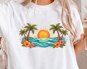 Comfort Colors Tropical Sunset T-Shirt, Palm Tree Beach Ocean Graphic Tee