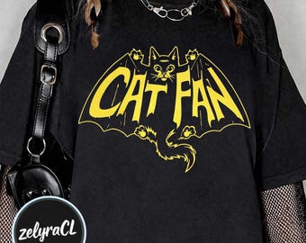 Cat Fan Bat Illustration T-Shirt | Monochrome Cat Logo Tee