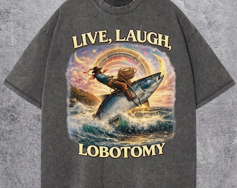 Live, Laugh, Lobotomy tee | Surfer Riding Shark Vintage Sunset T-Shirt