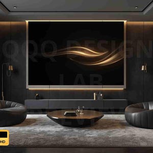 May include: A modern living room with a large black screen displaying a golden, abstract design. Two black leather beanbag chairs flank a low, dark wood coffee table. The room features dark walls, a gray rug, and the text "6K ULTRA HD".