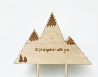 Mountains Wedding Cake Topper: Adventure Awaits, Birch Wood