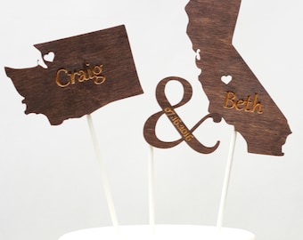 Custom State & Country Wood Cake Topper Set: Rustic Wedding Decor
