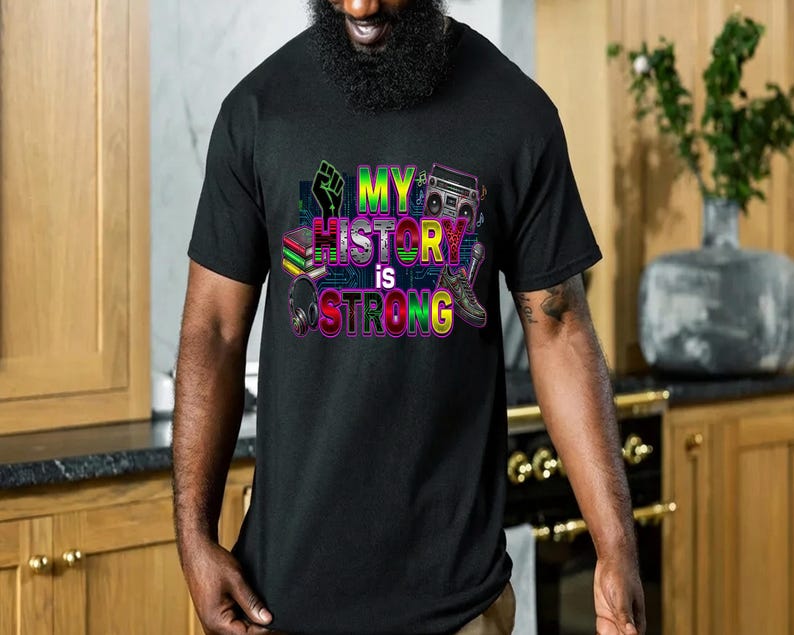 Afrocentric Black pride quote My History Is Strong, neon color digital design for apparel