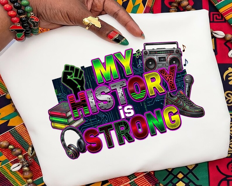 My History Is Strong Black History Month design, modern Afrocentric typography with cultural icons
