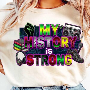 Black history inspired Afrocentric design My History Is Strong, vibrant digital download artwork
