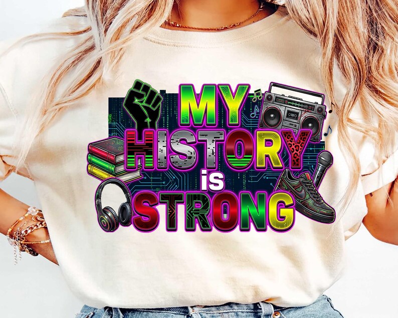 Black history inspired Afrocentric design My History Is Strong, vibrant digital download artwork