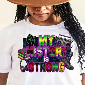 My History Is Strong empowerment quote graphic, African American culture inspired digital illustration