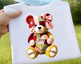 Ours en Peluche Patchwork PNG, Câlins et Bisous Saint-Valentin, Ours Cœur Amour Mignon,