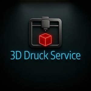 Peut inclure: Icône d'imprimante 3D noire et grise avec un cube rouge brillant. Les mots "3D Druck Service" sont écrits en bleu néon en dessous de l'icône, sur fond sombre.