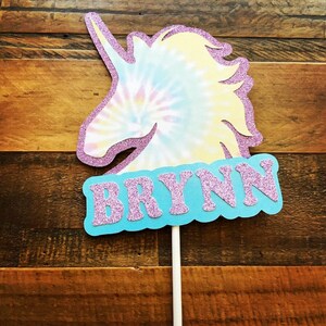 Personalized unicorn tie dye cake topper