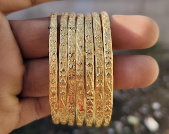 Handmade 18k Gold Plated Sterling Silver Bangles, Set of 7 Stacking Bracelets