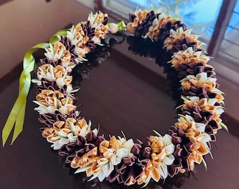Brown Gold Ribbon Lei 36", Rich Satin Organza Mix, Handmade Hawaii Gift, Graduation Lei,  Sophisticated Design =Made to oder=