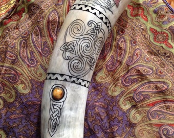 Order Your Custom Horn Today! - Best of Both Worlds, Carved and Scrimshaw Viking Drinking Horn