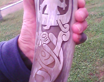 Custom Viking Drinking Horn .. Xlarge horn completley carved up order yours today.