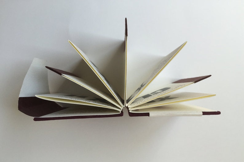 May include: A burgundy-colored book with pages fanned out, revealing a cream-colored interior with black ink drawings. The book is closed on the left and right sides, with the spine visible in the center.