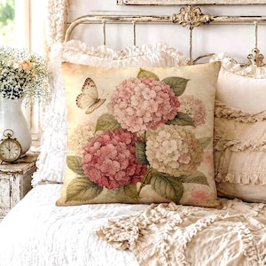 Kissen mit rosa Hortensienmotiv, Vintage-Blumenkissen, Schmetterlingskissen im Landhausstil, Dekoration für den Cottage-Garten, Geschenkidee im französischen Landhausstil mit Hortensienmotiv