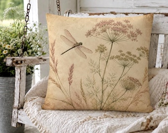 Poduszka z koronką królowej Anny, poduszka dekoracyjna z ważką, poduszka z trawy łąkowej w stylu vintage, neutralny wystrój botaniczny, poduszka z motywem dzikich kwiatów, prezent z natury