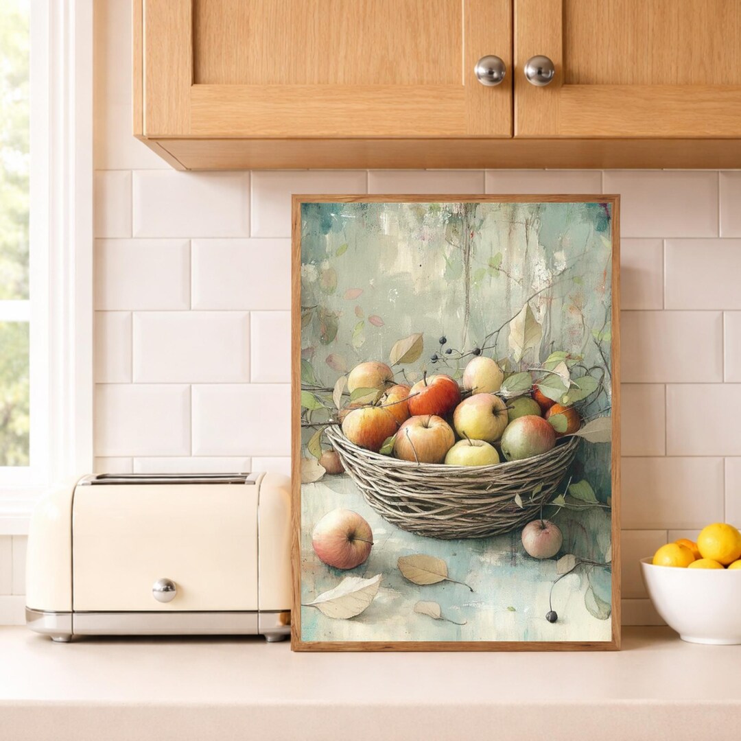 Still Life Apple Fruit Bowl Art, Rustic Farmhouse Kitchen Wall Decor ...