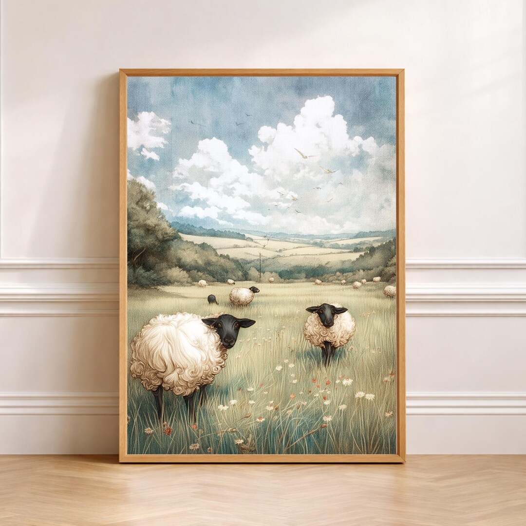 Vintage Sheep Field Landscape Wall Art Canvas, Rustic Country Farmhouse ...