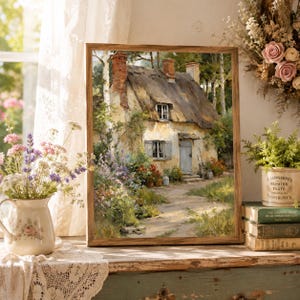 Op de afbeelding: Een ingelijst olieverfschilderij met een rustiek huisje met een rieten dak, stenen muren en een houten deur, omringd door weelderig groen en bloemen. De scène toont een zandpad dat naar de ingang leidt, met hoge bomen en zacht zonlicht.