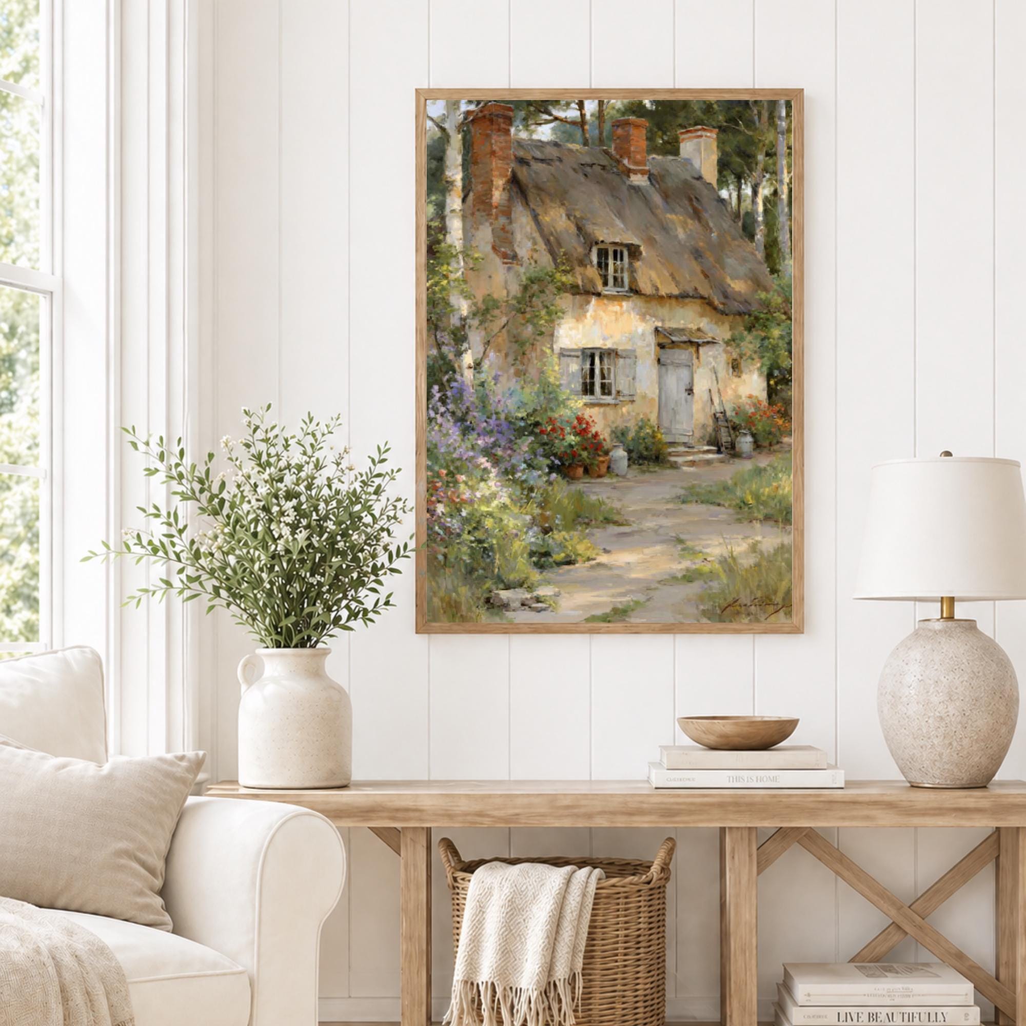 English Cottage Framed Canvas Wall Art, Rustic Country House Painting ...