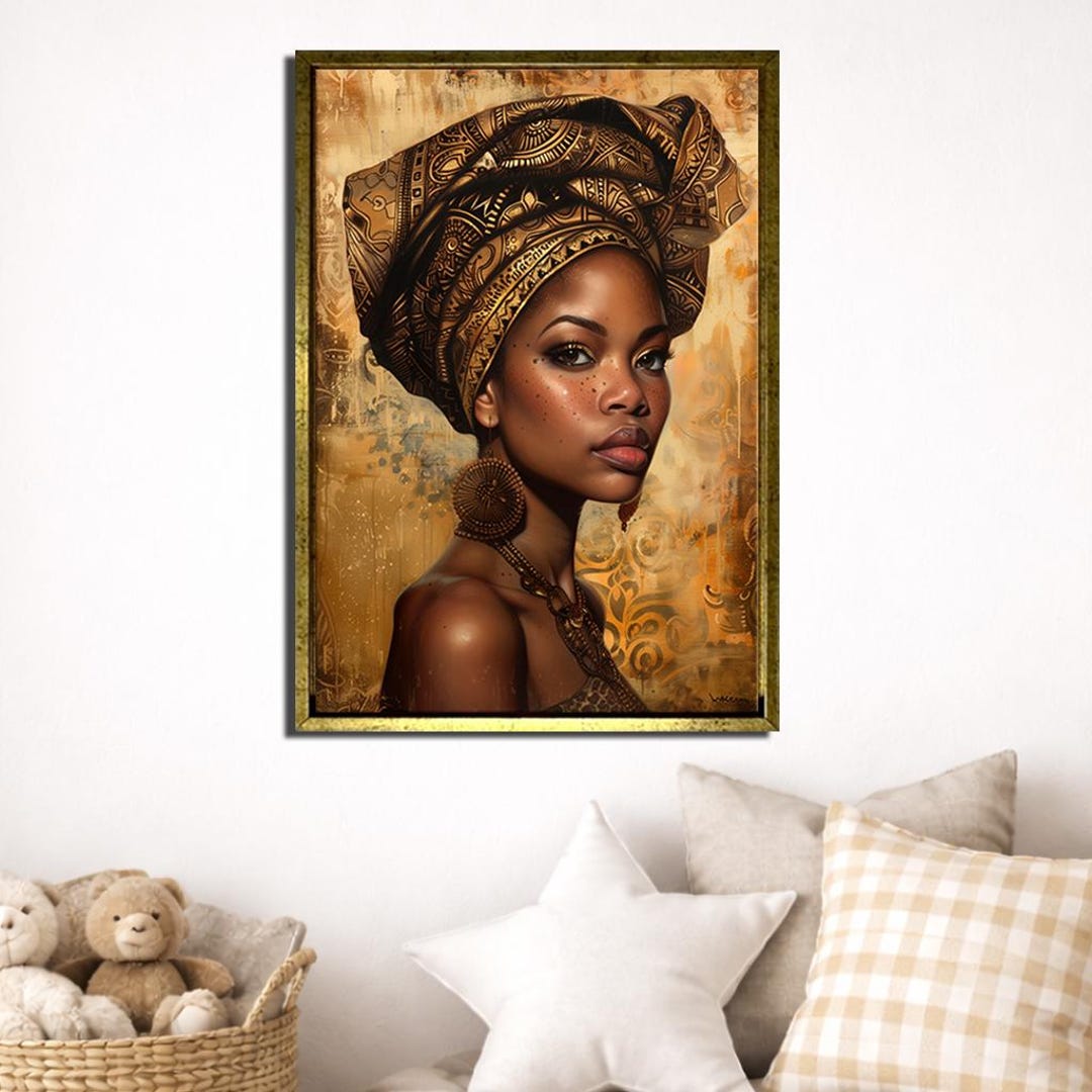 African American Wall Art Black Woman Gold Headwrap Canvas Print Ethnic ...