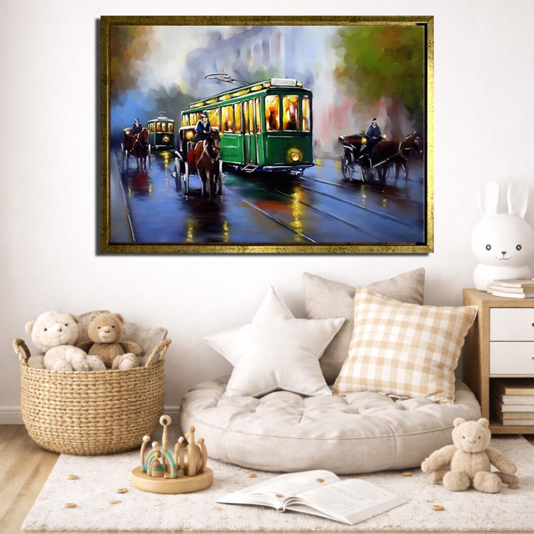 Vintage Tram Street Scene Oil Painting Canvas Cityscape Wall Art Horse ...