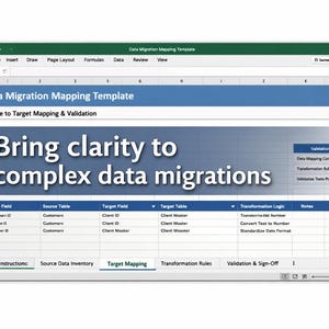 Szablon mapowania migracji danych | Narzędzie do mapowania i walidacji danych w programie Excel dla analityków biznesowych i menedżerów projektów