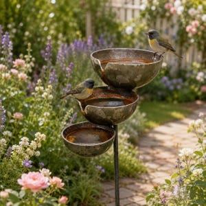Puede incluir: Un bebedero para pájaros de metal de tres niveles con cuencos grises desgastados apilados e interiores de color óxido. Dos pájaros pequeños con cabeza gris, pecho amarillo y alas marrones están posados en los bordes de los cuencos superior y medio.