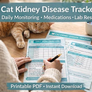 Może przedstawiać: Osoba pisze długopisem na formularzu "Cat Kidney Disease Tracker". Formularz jest jasnoniebieski i biały, z tekstem "Daily Monitoring Log". Śpiący pomarańczowy kot i filiżanka kawy są również widoczne.
