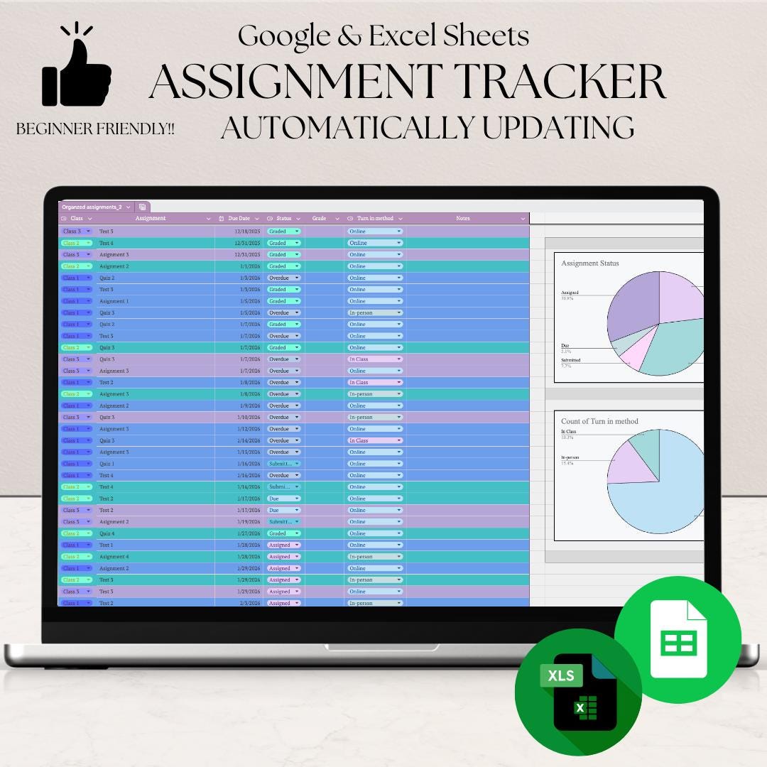 Student Assignment Tracker Spreadsheet, Automatic Charts (google Sheets ...