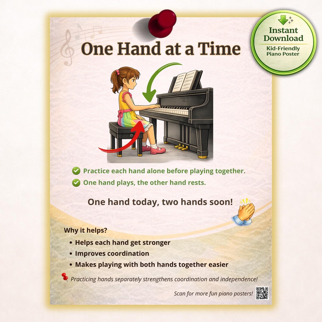 One Hand at a Time Piano Poster for Kids | Beginner Piano Coordination ...