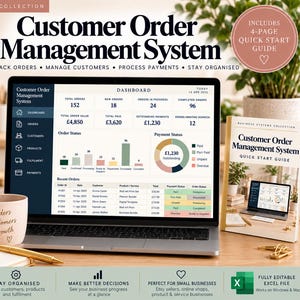 Puede incluir: Un sistema digital de gestión de pedidos de clientes en la pantalla de un portátil, con un panel de control que muestra estadísticas, gráficos de estado de pago y listas de pedidos. Incluye una guía de inicio rápido de 4 páginas y una taza.