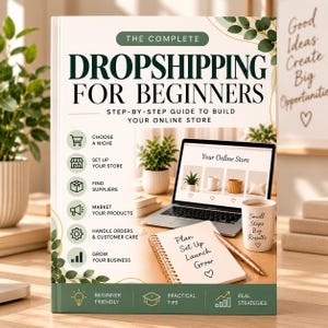 Pode incluir: Um livro intitulado The Complete Dropshipping for Beginners com um guia passo a passo para construir a sua loja online. A capa apresenta um portátil, um caderno com o texto Plan Set Up Launch Grow e uma caneca com o texto Small Steps Big Results.