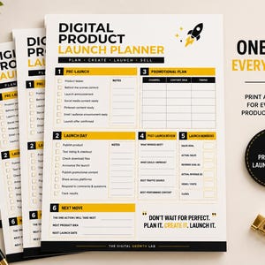 May include: A digital product launch planner document with black and yellow text and graphics. The page includes sections for pre-launch, launch day, promotional plan, post-launch review, launch numbers, and next move, with checkboxes and note areas.