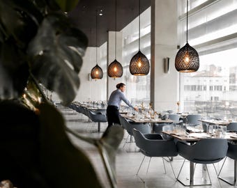 Lámpara colgante tejida a mano, tela de terciopelo azul oscuro, lámpara de barra colgante moderna