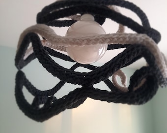 Black- White Handmade Knitted Lampshade Cover | Sculptural Crochet Rope Pendant Light, Cozy Home Decor