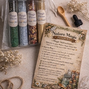 May include: A Nature Magic Potion Kit with four glass tubes filled with colorful mixes labeled Forest Moss, River Rock, Flower Bloom, and Sun Pollen. Includes a card with instructions, a wooden spoon, and a dropper.