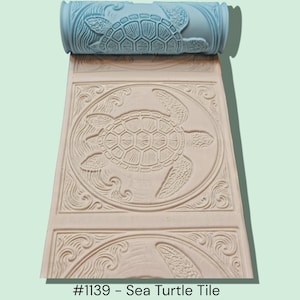 May include: A light blue roller with a sea turtle design is shown above a beige tile with a matching sea turtle pattern. The tile has a repeating pattern of turtles and waves. The text "#1139 - Sea Turtle Tile" is at the bottom.