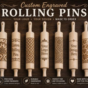 May include: Custom engraved rolling pins with various designs. The wooden rolling pins feature laser-engraved patterns and text, including "Custom Rolling Pins" and "Your Logo Here." The image also includes text that says "Made to Order."