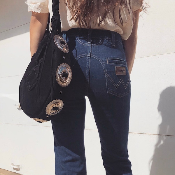 Lucky Seven concho leather shoulder bag, in honey, black suede and red suede