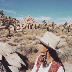 May include: A person wearing a white shirt, a wide-brimmed hat, and a vest with a colorful pattern. The person is standing in a desert landscape with large rocks and Joshua trees.
