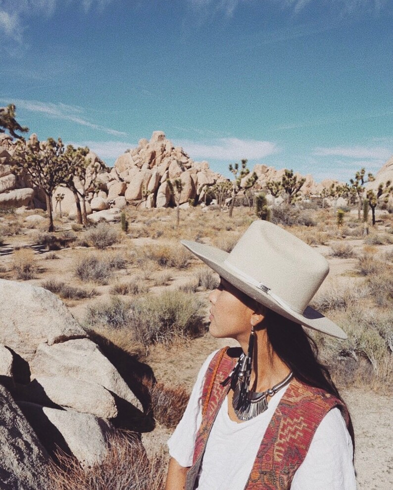 May include: A person wearing a white shirt, a wide-brimmed hat, and a vest with a colorful pattern. The person is standing in a desert landscape with large rocks and Joshua trees.