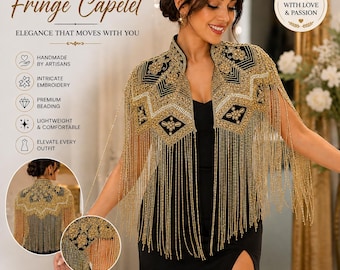 Handmade Beaded Fringe Cape, Embroidered Statement Shrug, Evening Wedding Guest Cover Up